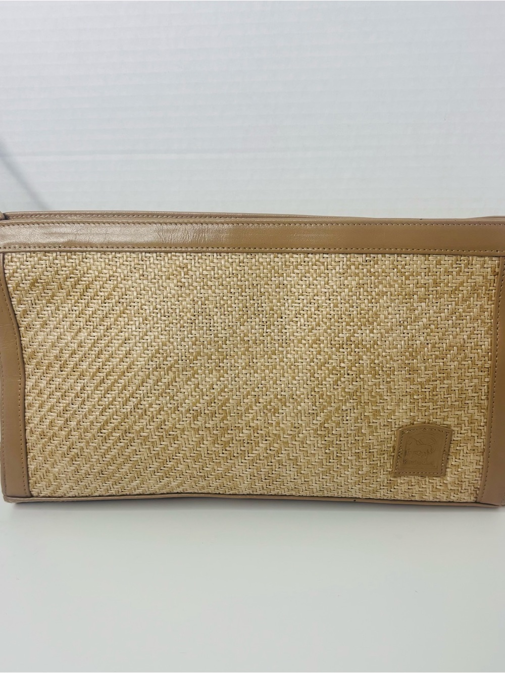 Embossed Leather Patch Straw Clutch in Tan